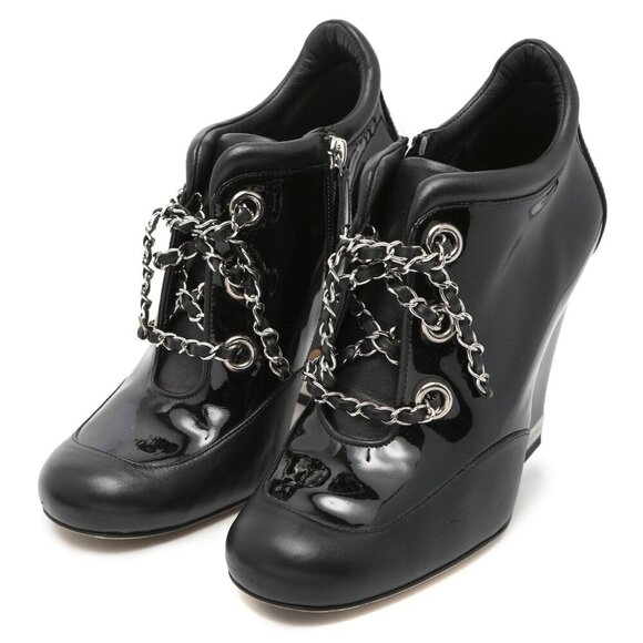Chanel Patent Calfskin Leather Lambskin Lace Up Wedge Short Boots Black Silver - Picture 16 of 16